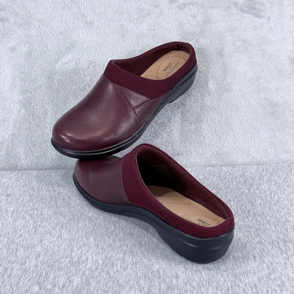 Clarks Sashlyn Clogs Women 8 W Wide Burgundy Red Leather Mules Slip On Comfort